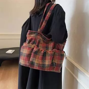 Клетчатая сумка-тоут женская сумка через плечо с завязками красный