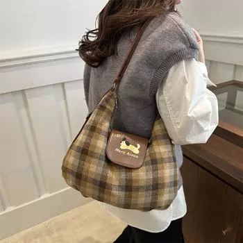 Клетчатая сумка в горошек с изображением собаки в облаке, большая вместимость, рюкзак для колледжа, сумка-тоут, сумка через плечо для женщин коричневый