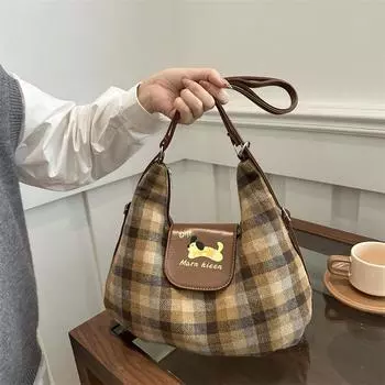 Клетчатая сумка в горошек с изображением собаки в облаке, большая вместимость, рюкзак в студенческом стиле, сумка-тоут для поездок на работу, сумка через плечо для женщин коричневый
