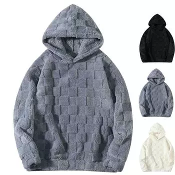 Клетчатая свободная зимняя плюшевая толстовка с капюшоном повседневного размера для мужчин L чёрный