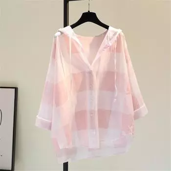 Клетчатая толстовка из хлопка и льна, женская весенне-летняя корейская версия, модный свободный повседневный тонкий солнцезащитный кардиган XS синий