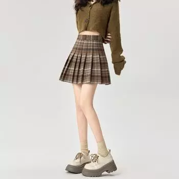 Клетчатая юбка женская осенне-зимняя ретро с высокой талией плиссированная юбка в стиле колледжа S