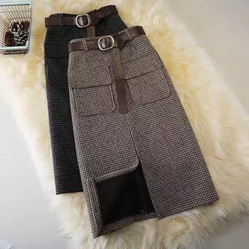 Клетчатая юбка женская осенняя юбка с высокой талией и разрезом на кармане средней длины корейская юбка большого размера One step XXL чёрный