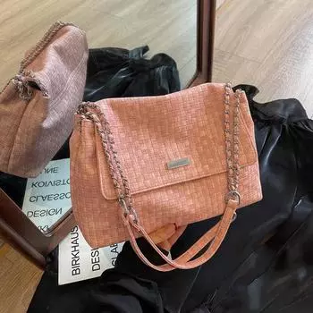 Клетчатая вместительная женская сумка 2024 года, новая модная универсальная сумка через плечо с цепочкой, сумка-тоут для поездок на работу темно-синий