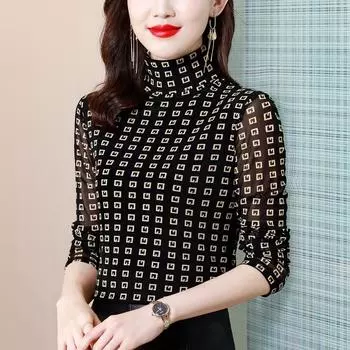 Клетчатая водолазка плюс бархатная утолщенная сетчатая футболка с облегающим кроем для матери и облегающая базовая рубашка на осень и зиму для женщин M