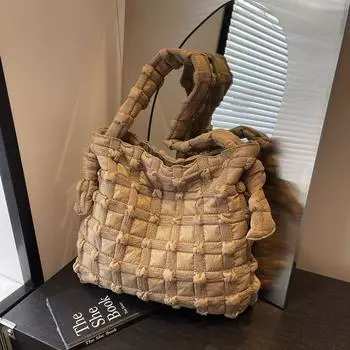 Клетчатая вышитая хлопковая сумка женская большая вместительная мягкая сумка через плечо чёрный