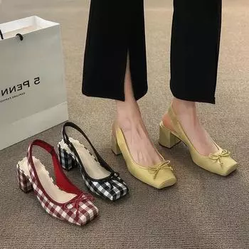 Клетчатая женская обувь на толстом каблуке с квадратным носком, новые повседневные сандалии на высоком каблуке с бантом для женщин, Zapatos De Mujer Sandalias 35