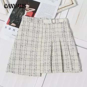 Клетчатая женская юбка-трапеция с поясом и антибликовым покрытием, весна-осень, тонкая юбка-полусолнце M чёрный