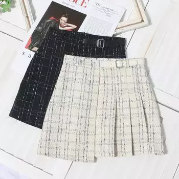 Клетчатая женская юбка-трапеция с поясом и антибликовым покрытием, весна-осень, тонкая юбка-полусолнце M чёрный