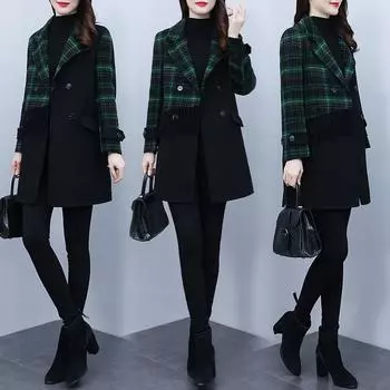 Клетчатое двухстороннее пальто женское осенне-зимнее новое женское пальто большого размера темперамент шерстяной костюм воротник куртка прилив M (recommended 80-50kg)