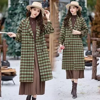 Клетчатое двустороннее шерстяное пальто с поясом на шнуровке и отложным воротником - Женское осенне-зимнее, HM2866 M 90-115 lbs зелёный