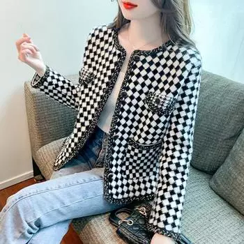 Клетчатое осеннее пальто в стиле знаменитостей с ароматом для женщин, короткое маленькое универсальное роскошное и элегантное стильное пальто «Тысяча птиц» красного цвета S