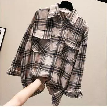 Клетчатое пальто женское осеннее и женское с длинными рукавами средней длины, свободная куртка-кардиган с длинными рукавами и тонкими пуговицами XXL