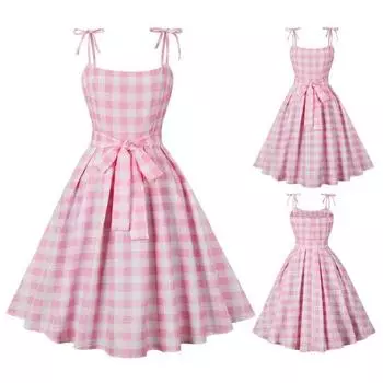 Клетчатое платье без рукавов со шнуровкой и бантом Скрытая молния Конькобежец Подол Коктейльное вечернее платье-качели Костюм для вечеринки M розовый