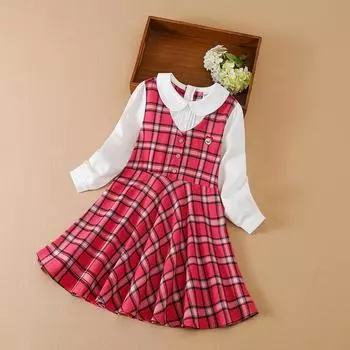 Клетчатое платье для девочек, весенне-осенние платья в консервативном стиле с длинными рукавами, детская элегантная одежда с отложным воротником 110 коралл красный
