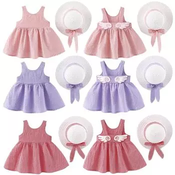 Клетчатое платье принцессы для маленьких девочек, комплект одежды из соломенной кепки и шляпы 100 фиолетовый