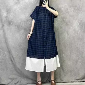 Клетчатое платье с круглым вырезом, комбинированное, из хлопка и льна, женское летнее новое повседневное платье-рубашка свободного кроя с короткими рукавами M синий