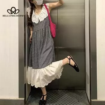 Клетчатое платье с кружевной отделкой, женское летнее элегантное повседневное длинное платье без рукавов во французском стиле с v-образным вырезом S