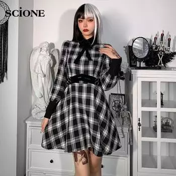 Клетчатое платье с лацканами в клетку, юбка-трапеция контрастного цвета с длинными рукавами и эластичными манжетами на талии S