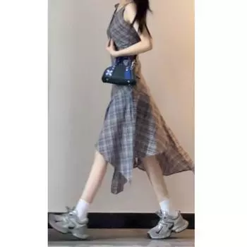 Клетчатое платье-жилет без рукавов женское летнее новое универсальное женское с нерегулярным темпераментом длинное платье S- (can be worn within 45kg)