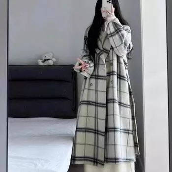 Клетчатое шерстяное пальто женское средней и длинной длины 2024 новое осенне-зимнее маленькое свободное шерстяное пальто XS 52.5 kg or less