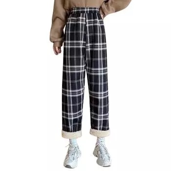 Клетчатые брюки для детей с толстым флисом, повседневные брюки прямого покроя из овечьей шерсти с высокой талией, свободные широкие брюки One Size чёрный