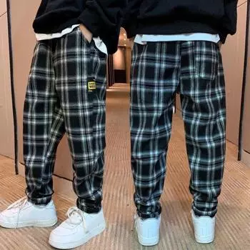 Клетчатые брюки для мальчиков, весна-осень, детские брюки-карго для активного отдыха среднего возраста, спортивные детские свободные повседневные длинные брюки, брюки 170 чёрный