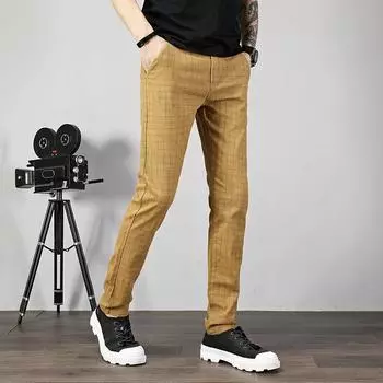 Клетчатые брюки, мужские эластичные облегающие брюки, модные мужские брюки в корейском стиле с небольшими штанинами, сезонные мужские модные повседневные брюки 28