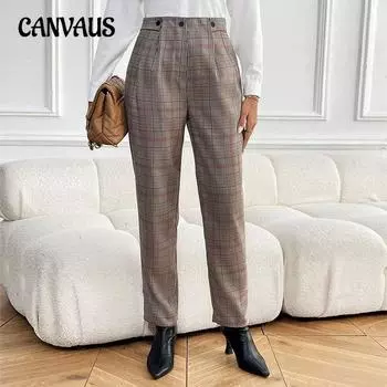 Клетчатые брюки-трубы женские на шнуровке с карманами для поездок на работу S коричневый