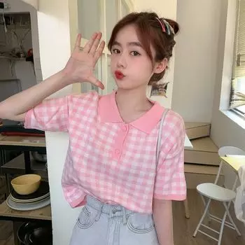 Клетчатые футболки для девочек, женские повседневные футболки-поло, женские футболки с коротким рукавом для отдыха M розовый