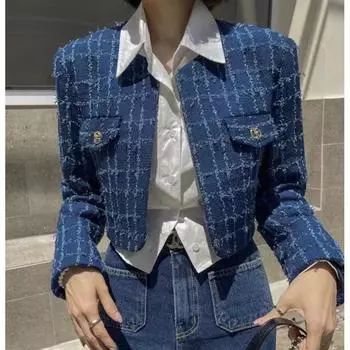 Клетчатые куртки для женщин, осень-зима, новая мода, повседневная твидовая куртка с длинными рукавами, винтажные шикарные короткие пальто с круглым вырезом one size розовый