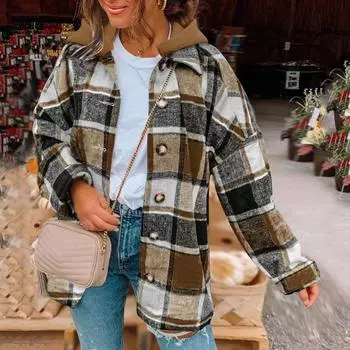 Клетчатые куртки для женщин, укороченные топы с длинными рукавами, толстовка больших размеров с лацканами, пальто на пуговицах, осеннее модное пальто S красный