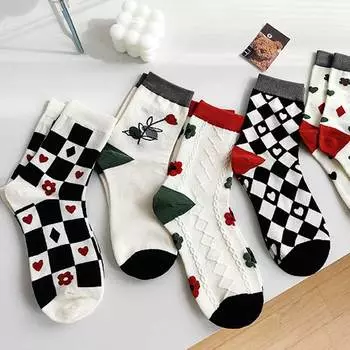 Клетчатые носки в стиле Лолиты, милые белые носки с сердечками, женские носки в стиле каваи с цветочным принтом, забавные носки в консервативном стиле для девочек Y2k Harajuku