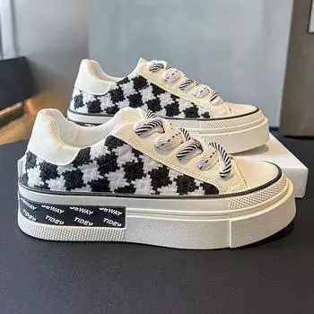 Клетчатые парусиновые туфли женские повседневные маленькие белые туфли на платформе спортивная обувь 35 чёрный