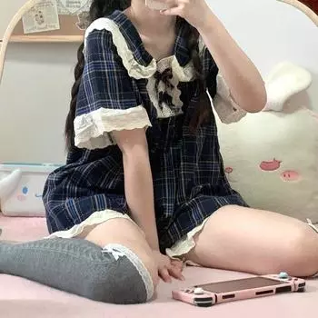 Клетчатые пижамные комплекты, женские пижамные комплекты с оборками, стильные, простые, новые, повседневные, в Корейском стиле, женские милые пижамы с пышными рукавами, милая летняя одежда для сна M темно-синий