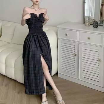 Клетчатые платья без бретелек, женское летнее миди с разрезом по бокам, универсальное повседневное длинное платье трапециевидной формы в корейском стиле Fairycore S