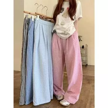 Клетчатые повседневные свободные модные широкие брюки женские с высокой талией весенние милые брюки корейские свободные элегантные брюки для отпуска S чёрный