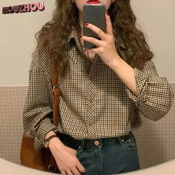 Клетчатые рубашки женские элегантные базовые классические отложным воротником ретро свободные офисные женские блузки в корейском стиле с длинными рукавами женская одежда S коричневый