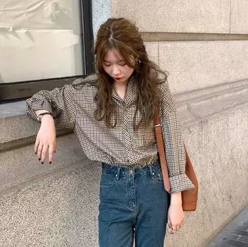 Клетчатые рубашки женские ретро блузки с отложным воротником универсальные прямые в гонконгском стиле элегантные длинные рукава верхняя одежда женская 3XL