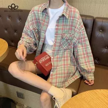 Клетчатые рубашки, женские рубашки с длинным рукавом, летняя солнцезащитная милая верхняя одежда, модные простые универсальные свободные студенческие блузки в корейском стиле, новинка S синий