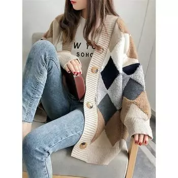 Клетчатые шикарные кардиганы с пуговицами и рукавами-фонариками, клетчатые женские свитера большого размера, зимние весенние свитера, топы SW658 One Size хаки