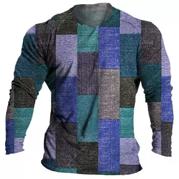 Клетчатые винтажные мужские футболки с принтом, свободные топы с круглым вырезом и длинными рукавами, высококачественная повседневная футболка для мужчин, одежда в стиле пэчворк S