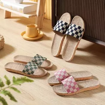 Клетчатые женские льняные тапочки в стиле ретро-богем 35 красный