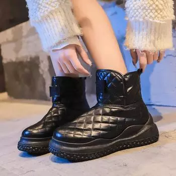 Клетчатые зимние сапоги для женщин, зимние водонепроницаемые бархатные теплые высокие ботинки из большого хлопка, нескользящие короткие сапоги из белого хлеба для женщин 35