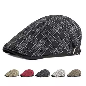 Клетчатый берет для мужчин, весна-лето, хлопковая кепка в британском стиле, женская солнцезащитная дышащая плоская кепка, кепка газетчика, шляпа художника в стиле Гэтсби 55-60cm чёрный