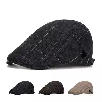 Клетчатый берет, Мужская осенне-зимняя толстая британская шерстяная фуражка, кепки газетчика для мужчин, кепка вперед, кепка маляра, водительская шляпа плюща тёмно-синий