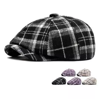 Клетчатый берет осень-зима мужская теплая восьмиугольная кепка британский газетчик кепка маляр кепка женская нападающая кепка Style2 чёрный