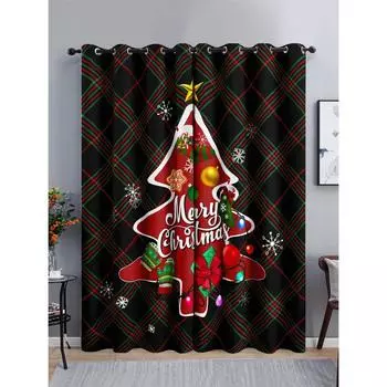 Клетчатый черный и красный Санта-Клаус Веселая Рождественская елка затемняющая занавеска для гостиной спальни кухни домашний декор крючком 100W130H(CM)40x51in&Rod Pocket