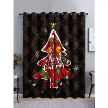Клетчатый черный и красный Санта-Клаус Веселая Рождественская елка затемняющая занавеска для гостиной спальни кухни домашний декор крючком 100W130H(CM)40x51in&Rod Pocket