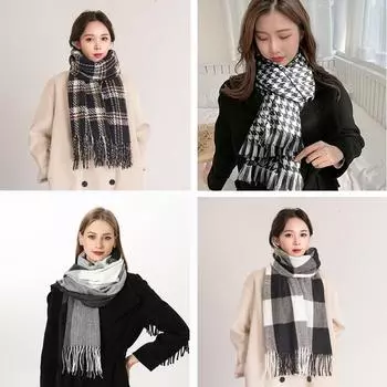 Клетчатый кашемировый шарф, женская теплая шаль с бахромой, универсальный мужской шарф-сетка с изображением зимней птицы